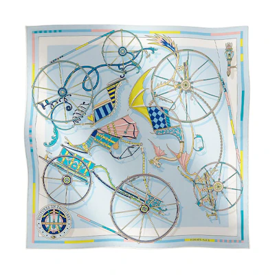 (Women) HERMES Light Blue Silk Scarf with "Balanced Carriage" Design. H894027S03