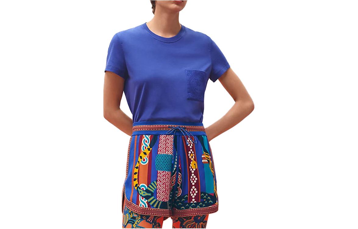 Order (W) 에르메스 로고 자수 크루넥 티셔츠 SS23 블루 H3E4620DLI7