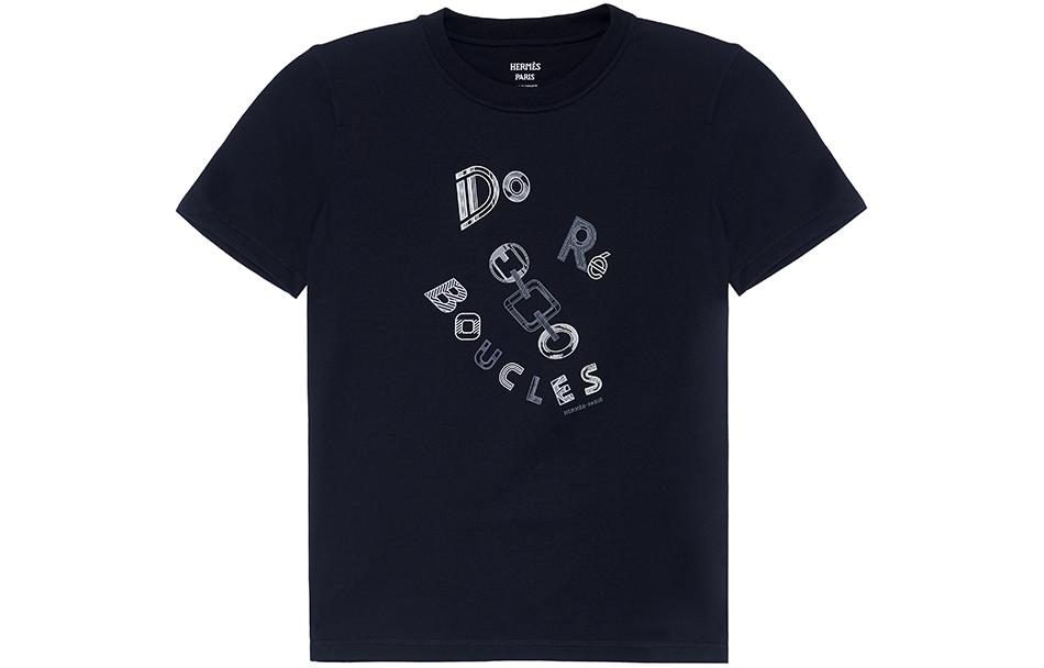 Order (W) HERMES T-Shirt Longgar Leher Bulat Cetakan Huruf SS23 Hitam H3H4611DL0238