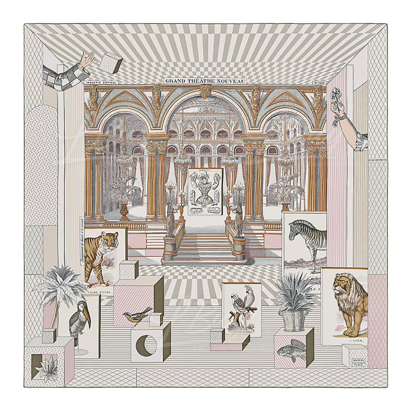 (Women) HERMES "New Grand Theater" Silk Scarf Elephant Grey H003761S-08