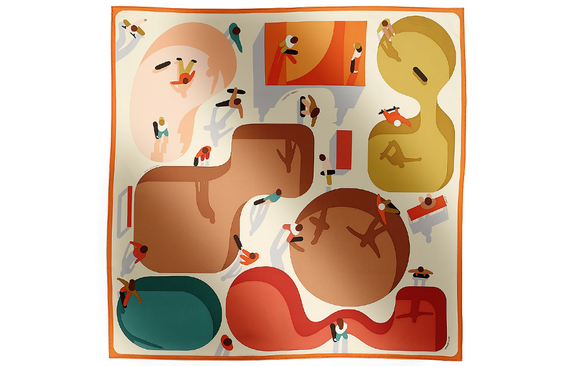 (Women) HERMES  Orange Freedom Pose Printed Silk Scarf. H004107Sv09