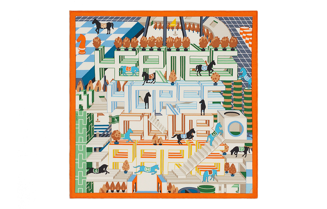 (Women) HERMES  Orange Silk Scarf with Detail Horse Club Print Design. H893990S04
