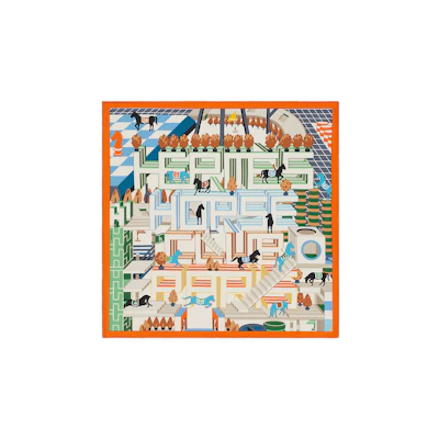 (Women) HERMES Orange Silk Scarf with Detail Horse Club Print Design. H893990S04