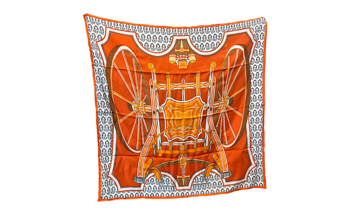 (Women) HERMES  Orange Silk Scarf with Jacquard and Printed Pattern. H003538S-11
