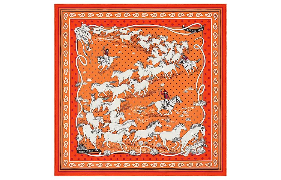 Order (Women) HERMES  Orange Silk Scarf with Mustang Horse Pattern. H043941S-13