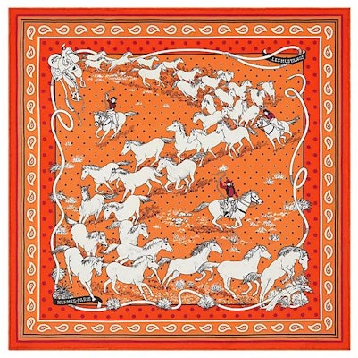 (Women) HERMES Orange Silk Scarf with Mustang Horse Pattern. H043941S-13 Order (Women) HERMES Orange Silk Scarf with Mustang Horse Pattern. H043941S-13