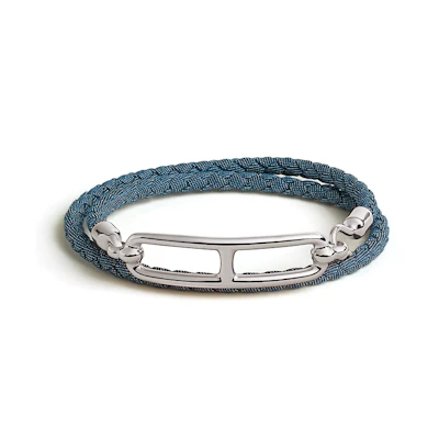 (Women) HERMES Palladium-Plated Blue Denim Cotton Woven Bracelet. H100020FPJBT1