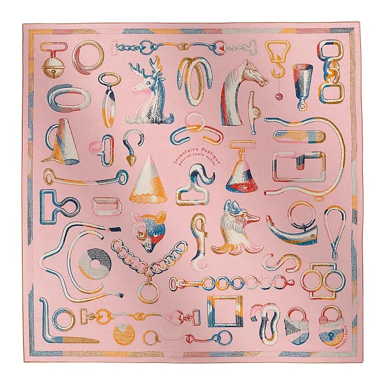 (Women) HERMES  Pink Silk Scarf with Animal Chain Print Design. H244193Sv08