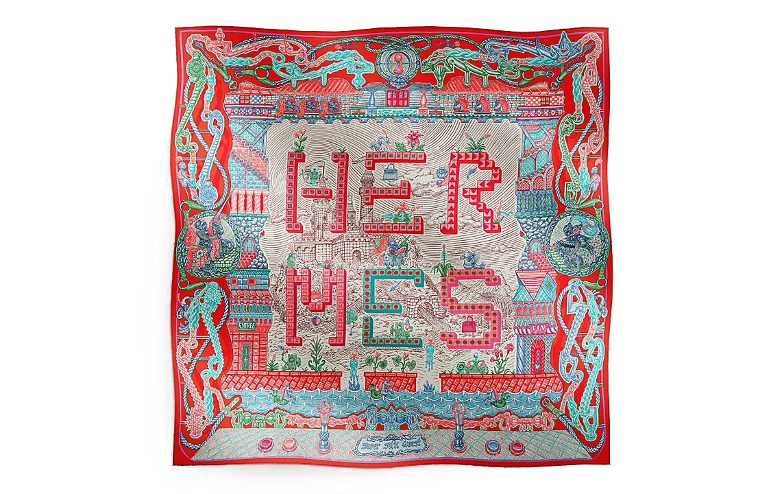 (Women) HERMES  Pomegranate Red Twill Silk Scarf Detail Adventure Edition. H004011S-07