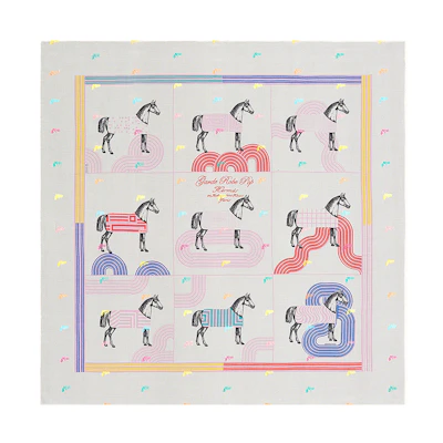 (Women) HERMES "Pop Art Horse Draped" 80cm Silk Scarf White H033896S-01