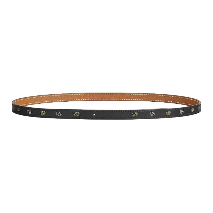 (Women) HERMES  Printed Calfskin Leather Belt Black/Gold 1.3cm Wide. H010774UAAA070