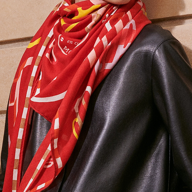 (Women) HERMES  Red Geometric Print Silk-Cashmere Scarf H364113Sv04 圖 3