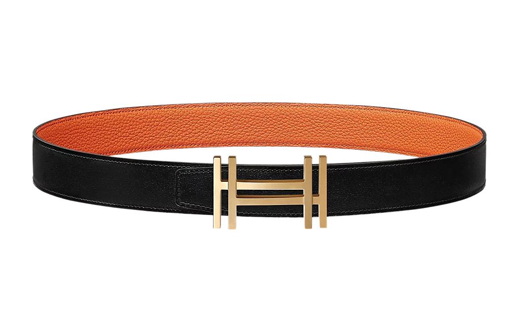 (Women) HERMES  Reversible Leather Belt Black/Orange 3.2cm Gold H Buckle H066050CP2K-H073967CAAE090