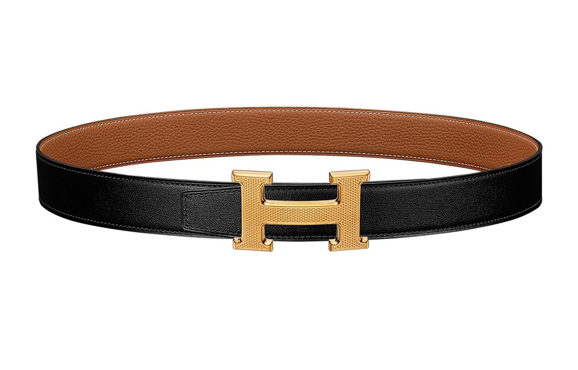 (Women) HERMES  Reversible Togo Leather Belt Black/Brown Gold Buckle 3.2cm. H064540CC06-H073967CAAA105