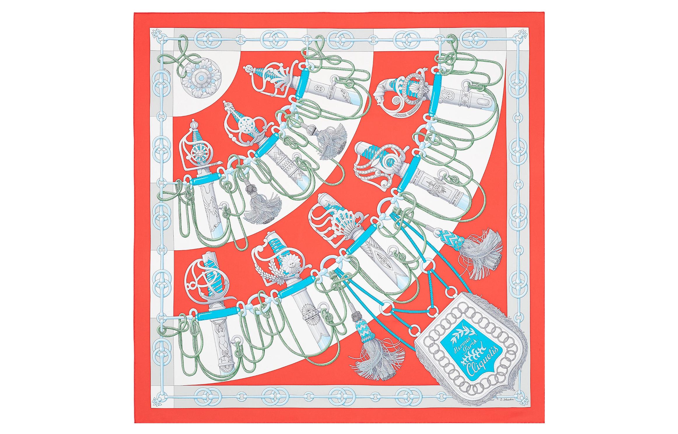 (Women) HERMES "Sabre Dance" 90cm Scarf Women - Pomegranate Red/Grey/Turquoise Blue H001574S-36