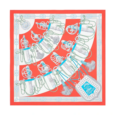(Women) HERMES "Sabre Dance" 90cm Scarf Women - Pomegranate Red/Grey/Turquoise Blue H001574S-36