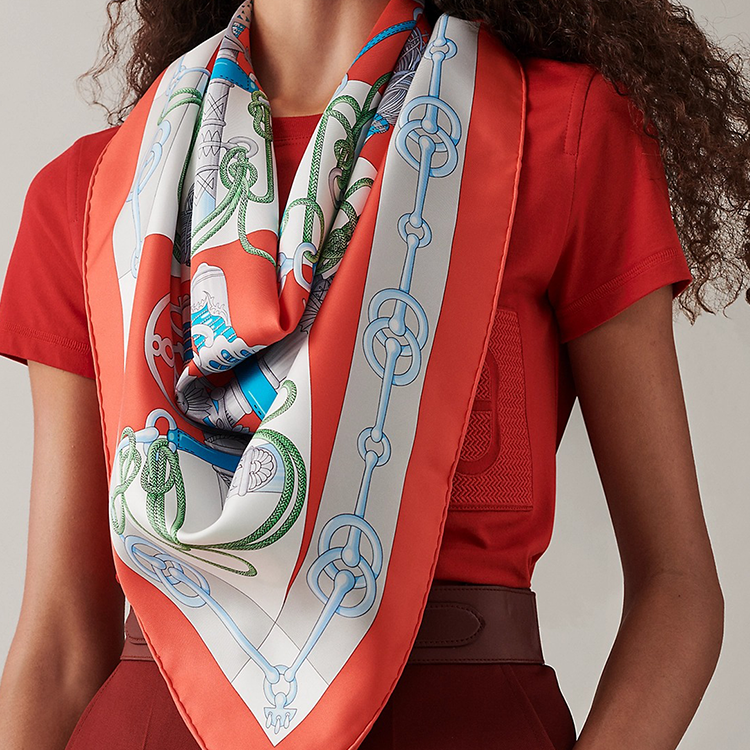 (Women) HERMES "Sabre Dance" 90cm Scarf Women - Pomegranate Red/Grey/Turquoise Blue H001574S-36 圖 3