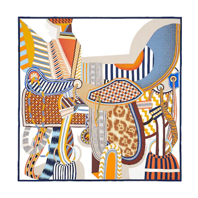 (Women) HERMES Saddle Fantasies Scarf Blue/White Silky Luxury. H003846S-06