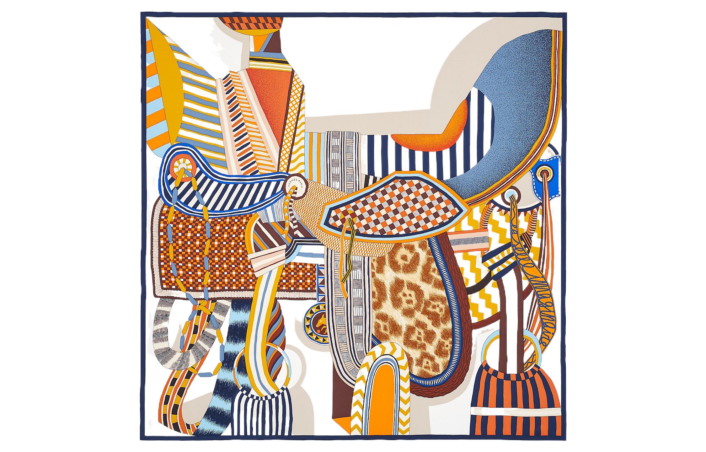(Women) HERMES  Saddle Fantasies Scarf Blue/White Silky Luxury. H003846S-06 圖 2
