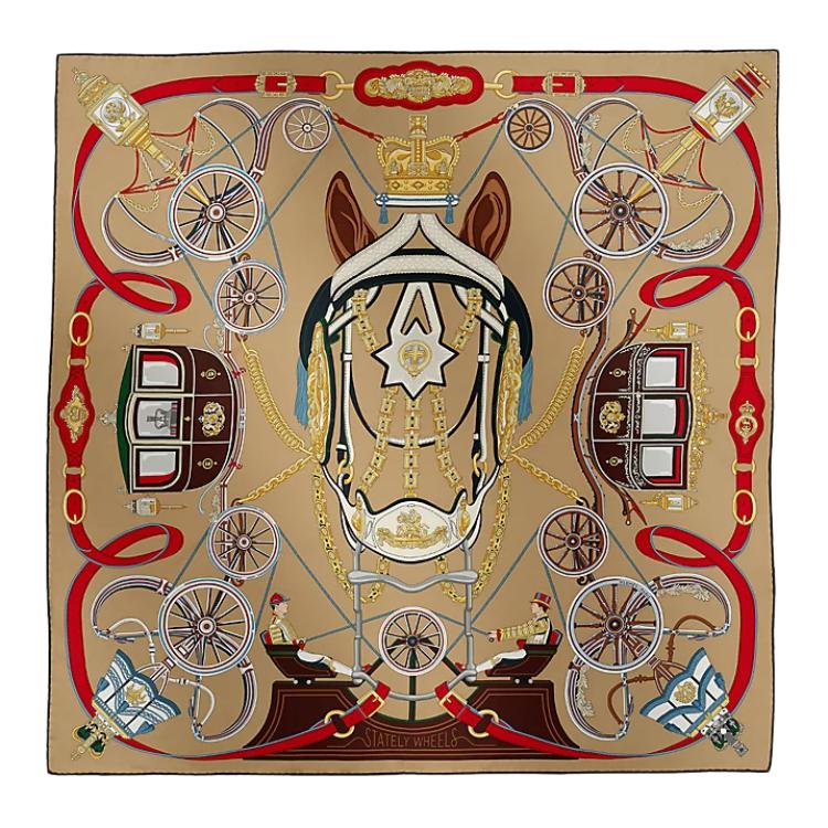 (Women) HERMES  Sand Color Silk Scarf with Carriage Print Design. H004163S-06