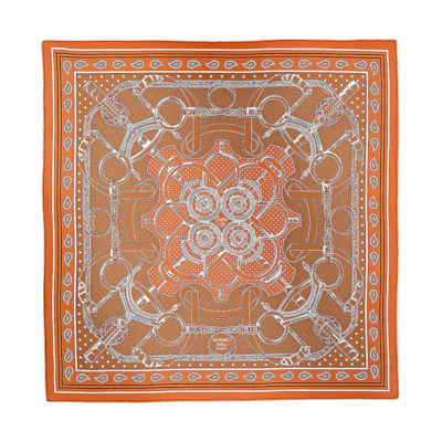 (Women) HERMES Scarf "Gold Spur" Mulberry Silk in Orange H042977Sv12