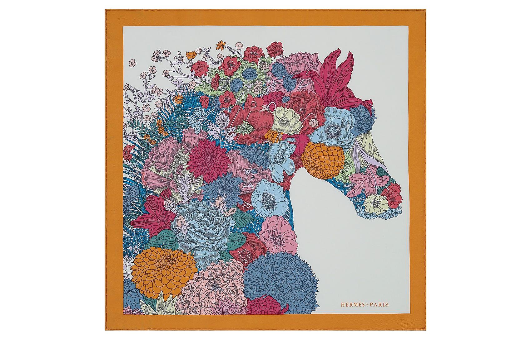 (Women) HERMES  Scarf "Light Floral Detail" Honey/White/Pink Silk Accessory H893936S-11