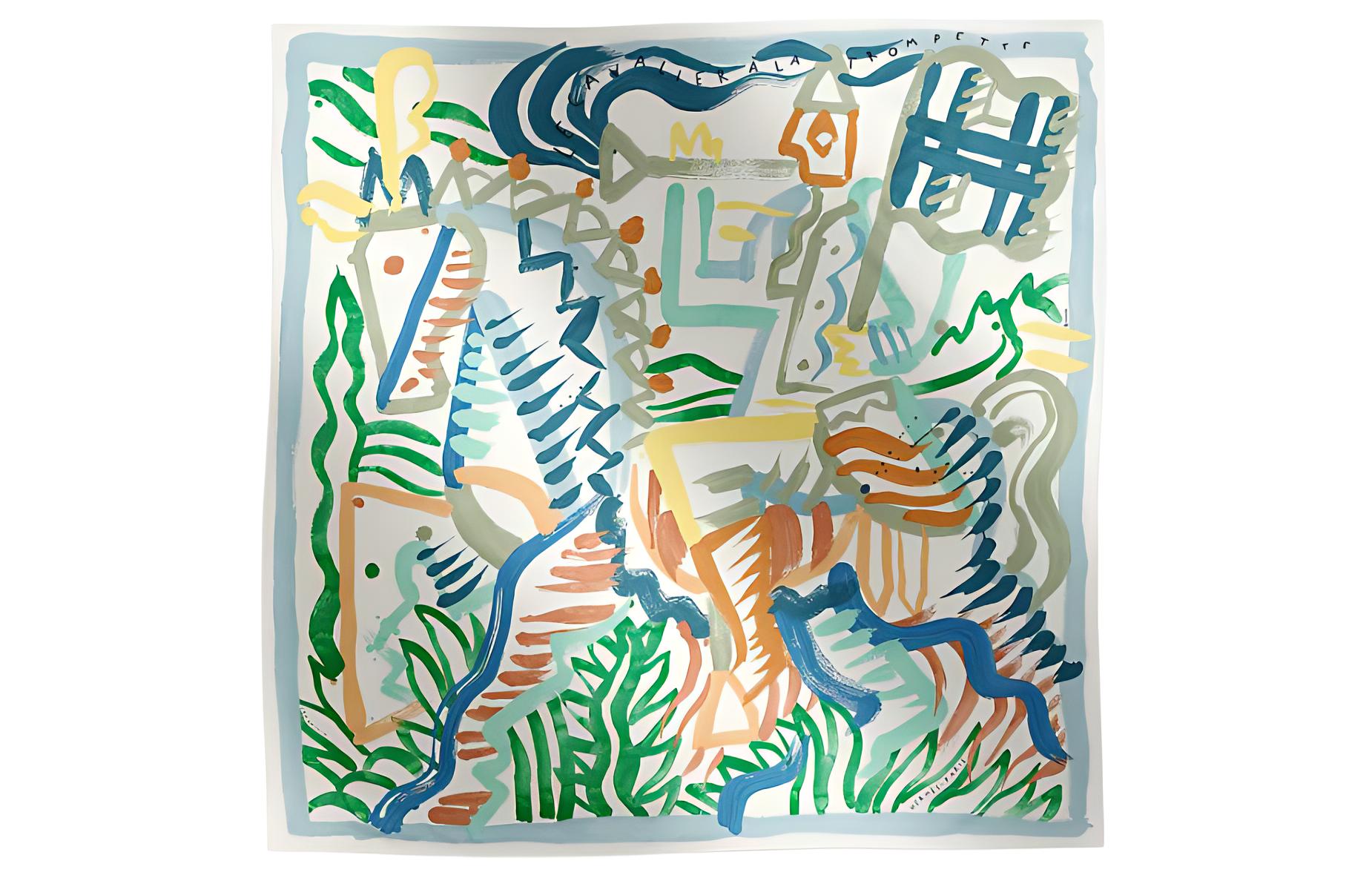 (Women) HERMES  Scarf Green/Blue with Horse Design. H004092Sv08