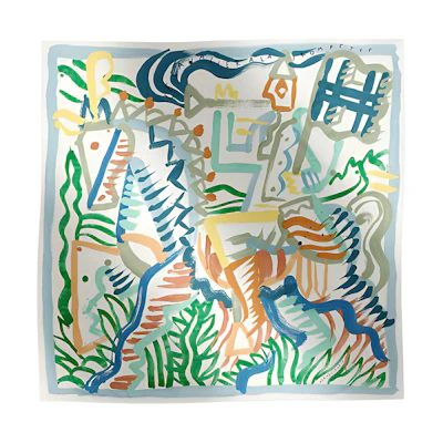 (Women) HERMES Scarf Green/Blue with Horse Design. H004092Sv08