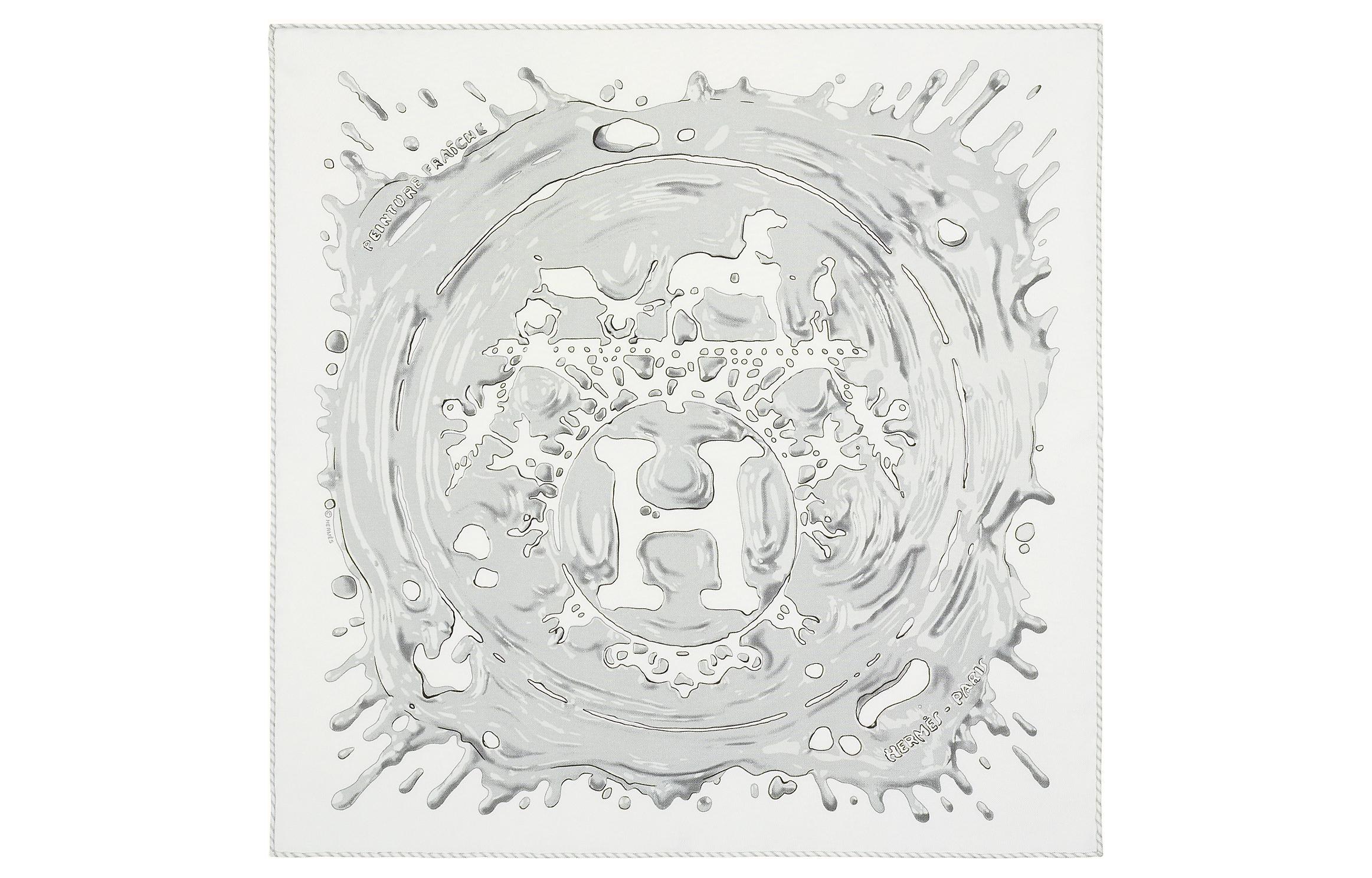 (Women) HERMES  Silk Scarf 45cm Paint Effect White/Grey. H892685S-01