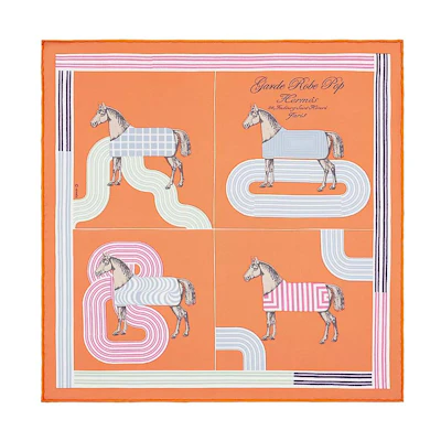 (Women) HERMES Silk Scarf 45cm Pop Style Horse Details Apricot/Rose Pink/Blue. H893888S-01