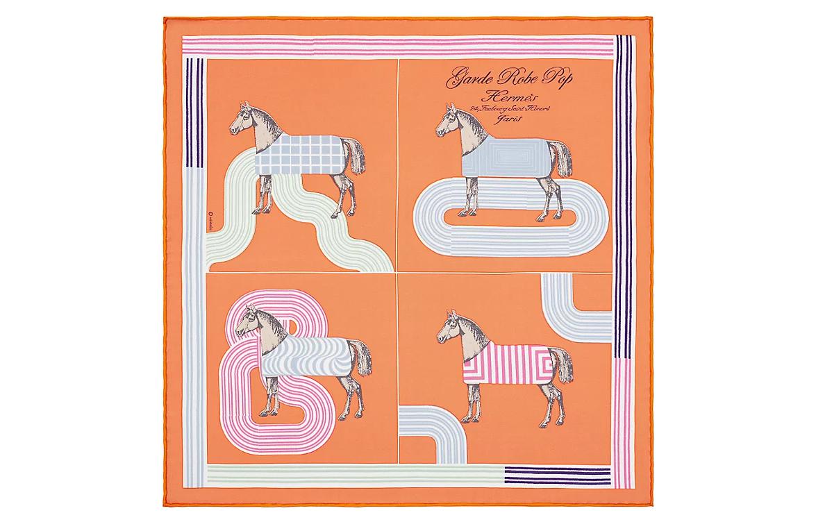 (Women) HERMES  Silk Scarf 45cm Pop Style Horse Details Apricot/Rose Pink/Blue. H893888S-01 圖 2