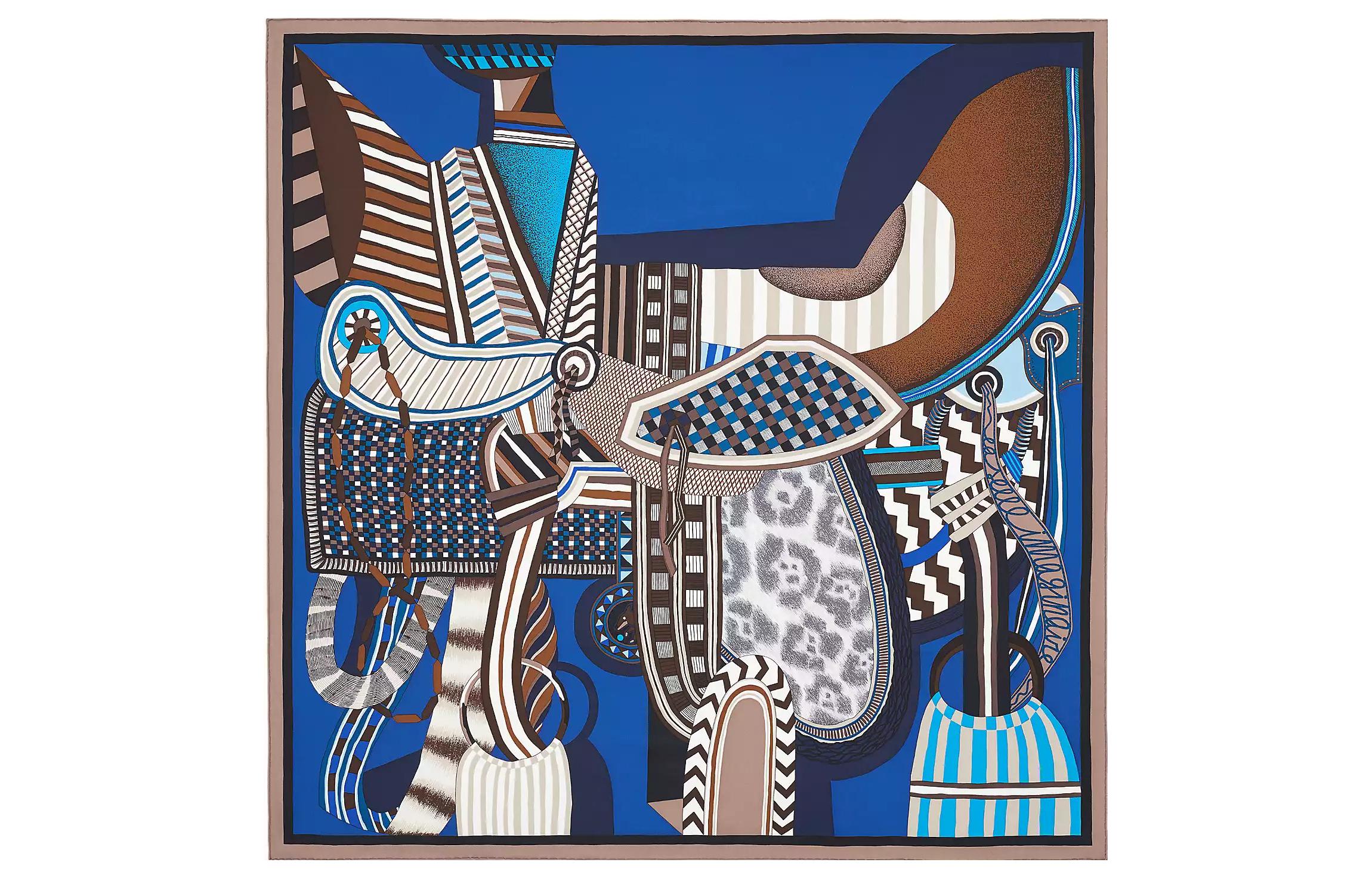 (Women) HERMES  Silk Scarf 90cm "Fantasy Saddle" Ice Brown/Blue/Brown H003846S-07 圖 2