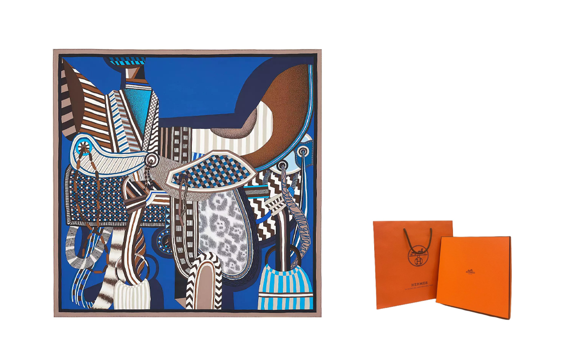 (Women) HERMES  Silk Scarf 90cm "Fantasy Saddle" Ice Brown/Blue/Brown H003846S-07 圖 4