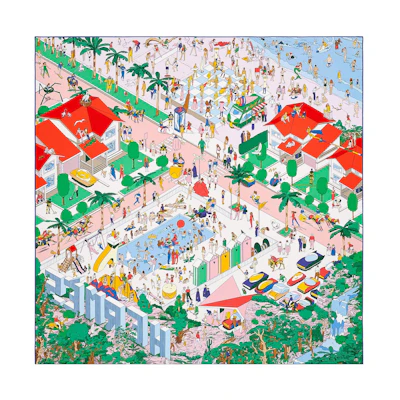 (Women) HERMES Silk Scarf "Beach Hermes" Rose Pink/Green/Carmine Red. H003751S-01