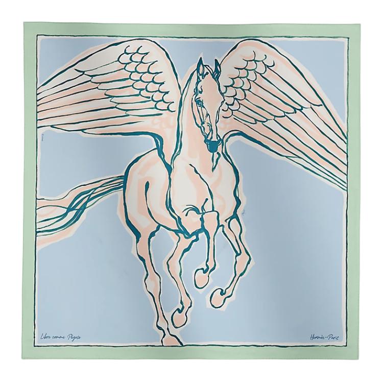 (Women) HERMES  Silk Scarf "Freedom Pegasus" Design in Aqua Green H003802S06