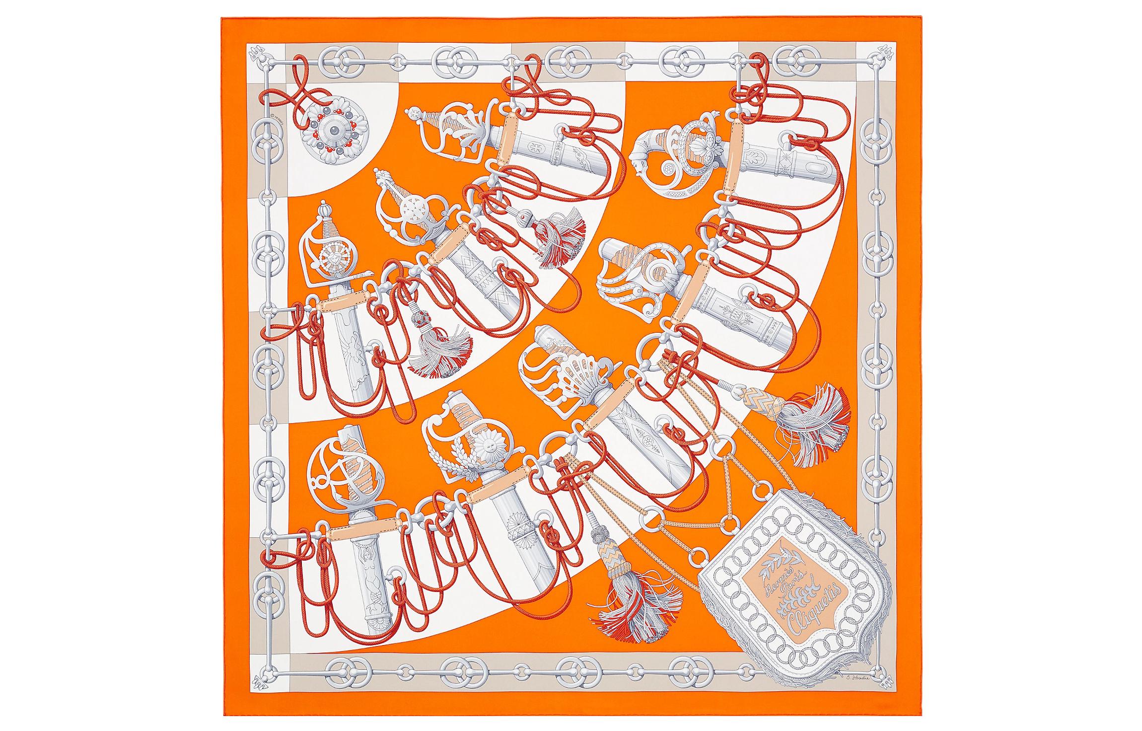 (Women) HERMES  Silk Scarf "Military March" 90cm Orange/Grey/White. H001574S-34