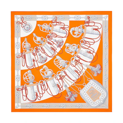 (Women) HERMES Silk Scarf "Military March" 90cm Orange/Grey/White. H001574S-34