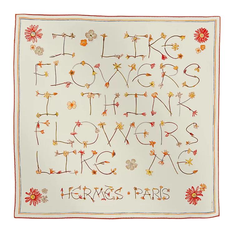 (Women) HERMES  Silk Scarf Cream Color with Floral and Letter Print Design H984167Sv07