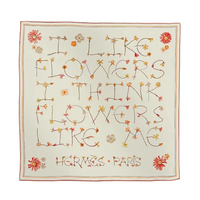 (Women) HERMES Silk Scarf Cream Color with Floral and Letter Print Design H984167Sv07