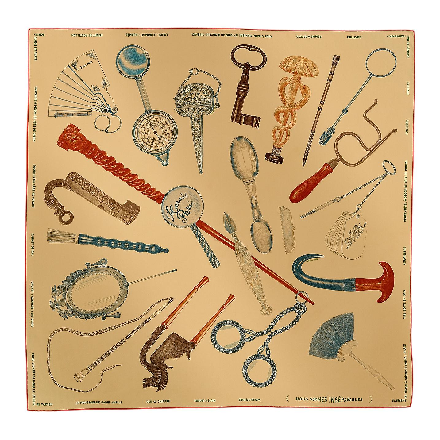 (Women) HERMES  Silk Scarf Gold Beige with Household Tool Pattern Design. H004149Sv06