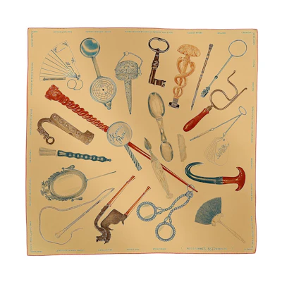(Women) HERMES Silk Scarf Gold Beige with Household Tool Pattern Design. H004149Sv06