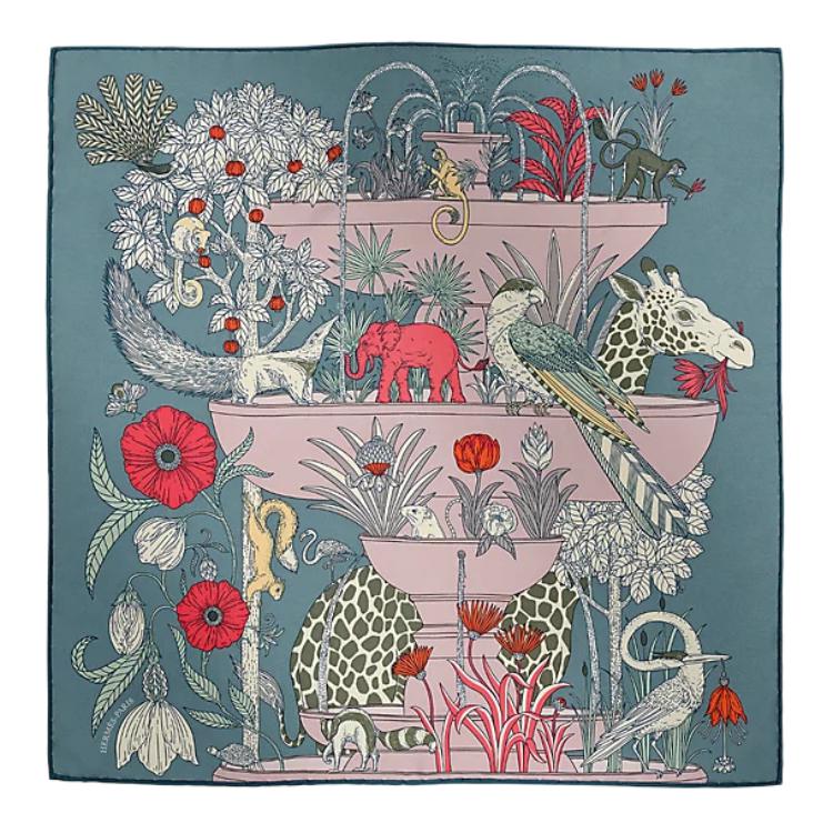 (Women) HERMES  Silk Scarf Grey Blue with Floral Botanical Design. H894174Sv04