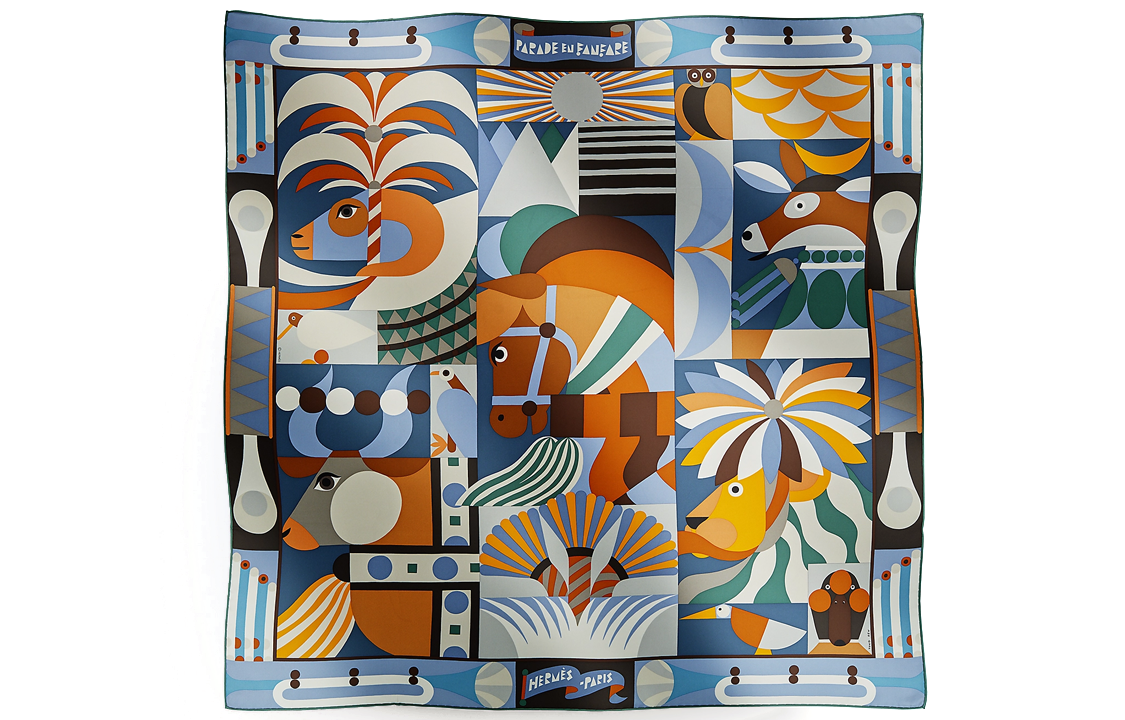 (Women) HERMES  Silk Scarf in Cyan with Grand Parade Design. H004006S-09