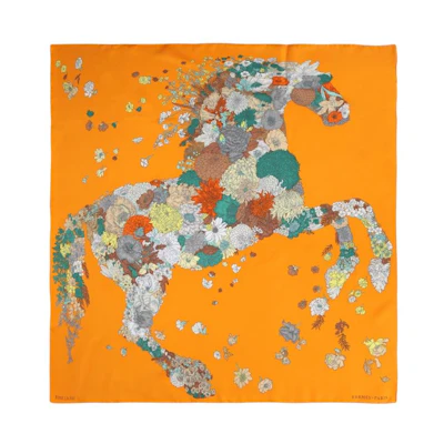 (Women) HERMES Silk Scarf in Orange/Grey Floral Design. H003904S-01