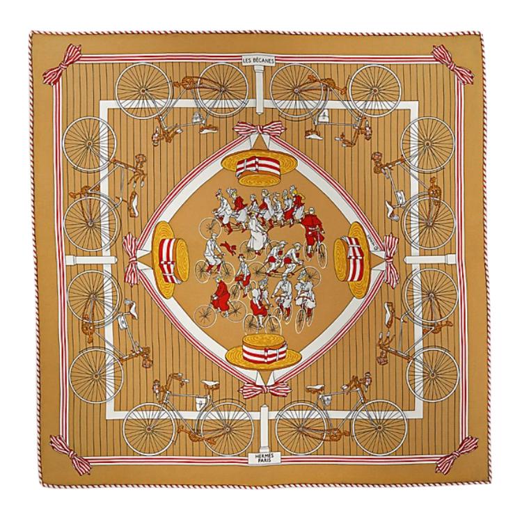 (Women) HERMES  Silk Scarf with Circular Bicycle Pattern in Gilded Beige. H893866Sv01