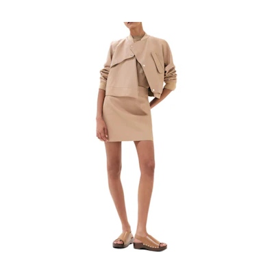 (Women) HERMES Solid Beige Button-Up Crewneck Jacket. H5E1216DLD1-36