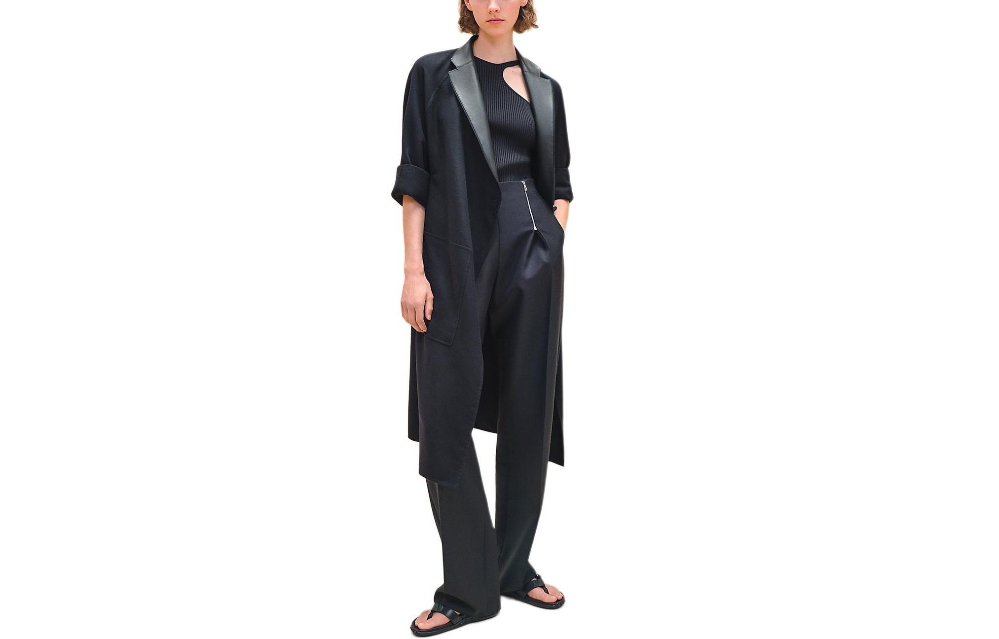 Order (Women) HERMES  Solid Color Long Sleeve Coat Black Blue Mid-Length Loose Fit H4E0189DL5H