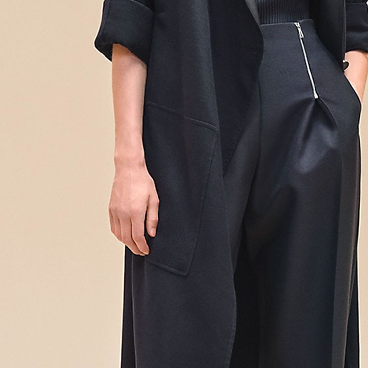 Cheap (Women) HERMES  Solid Color Long Sleeve Coat Black Blue Mid-Length Loose Fit H4E0189DL5H