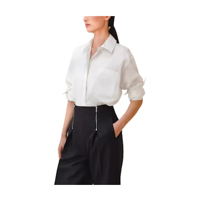 (Women) HERMES Solid Color Long Sleeve Pocket Shirt White H4E0601DV90