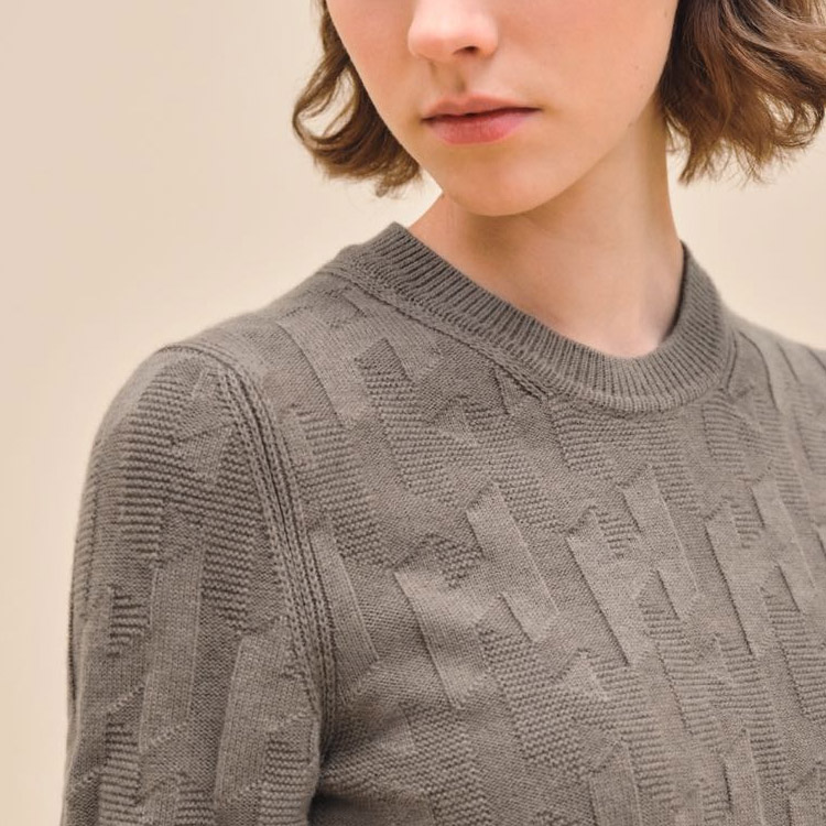 Shop (Women) HERMES  Solid Color Ribbed Knit Long-Sleeve Crewneck Sweater H4E2610D3A3